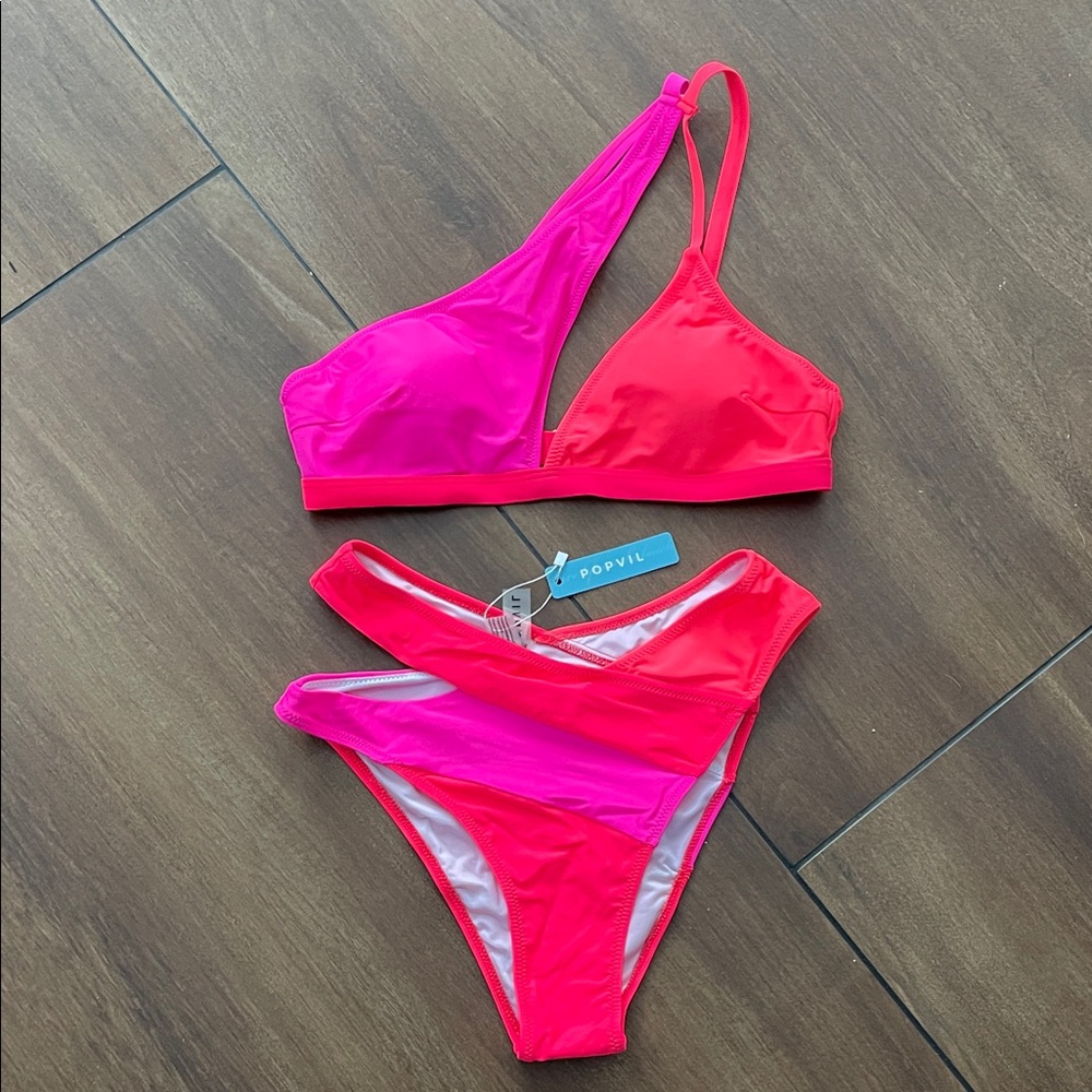 Popvil Women's Pink and Red Asymmetrical Bikini Set, medium, new with tags